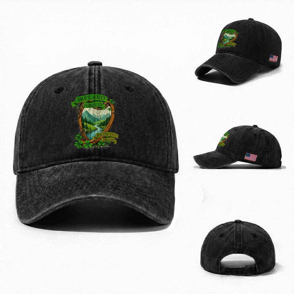 Irish Pride Washed Cotton Baseball Cap Ireland Forever Erin Go Bragh Harp Shamrock TS11 Washed Cap Universal Fit Black Print Your Wear