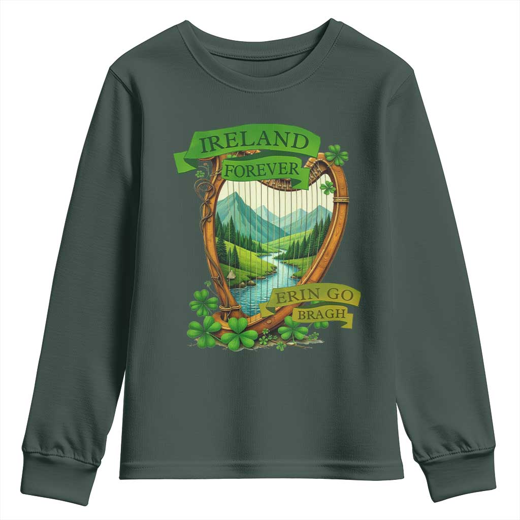 Irish Pride Youth Sweatshirt Ireland Forever Erin Go Bragh Harp Shamrock TS11 Dark Forest Green Print Your Wear