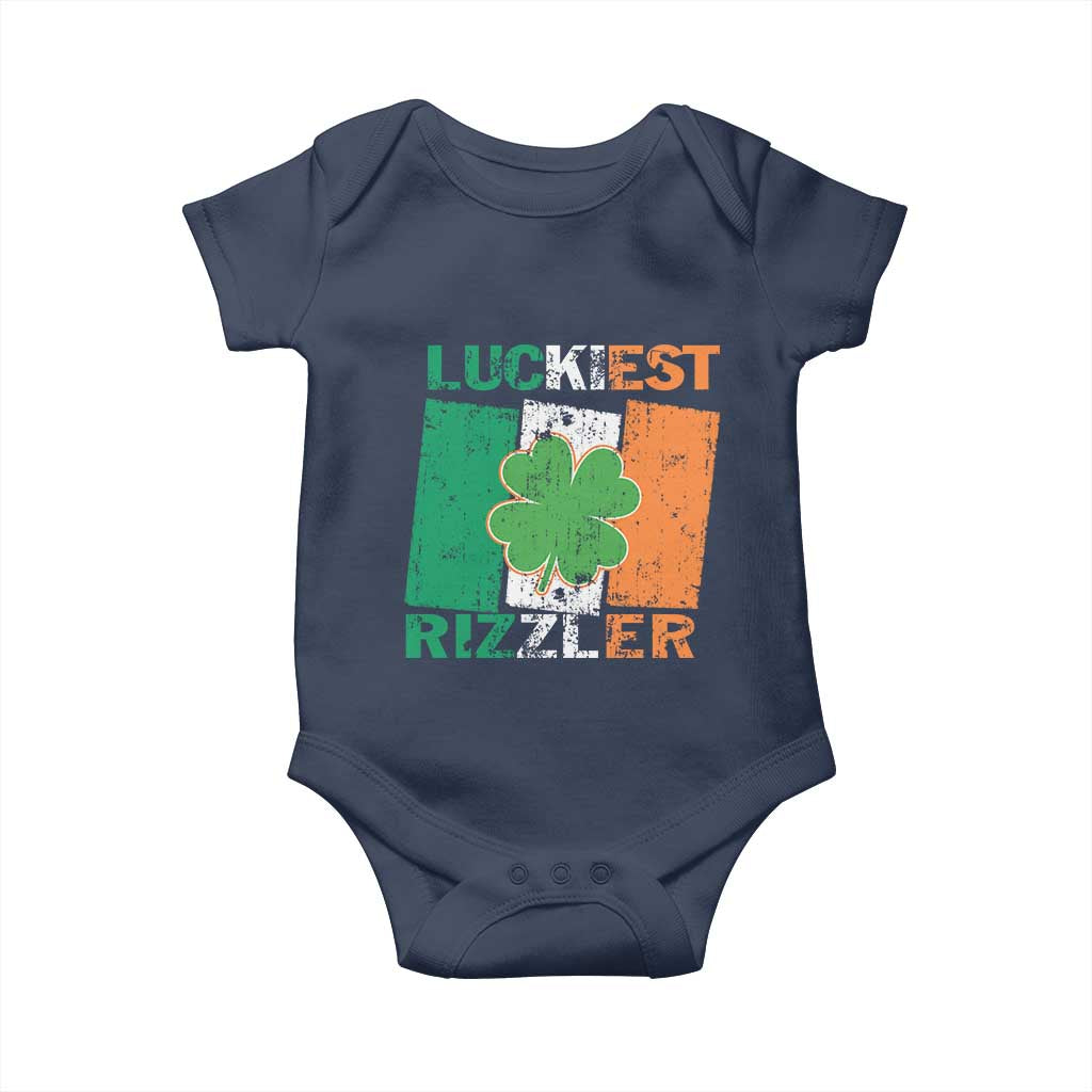 Funny St Patrick's Day Luckiest Rizzler Baby Onesie Vintage Ireland Flag Shamrock TS11 Navy Print Your Wear