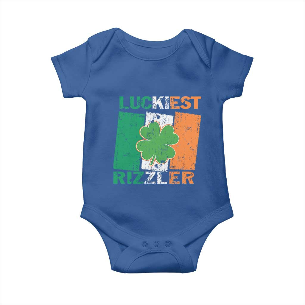 Funny St Patrick's Day Luckiest Rizzler Baby Onesie Vintage Ireland Flag Shamrock TS11 Royal Blue Print Your Wear