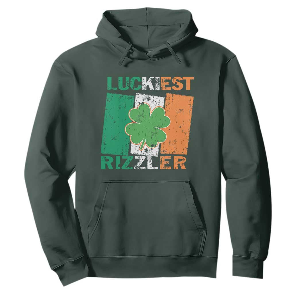 Funny St Patrick's Day Luckiest Rizzler Hoodie Vintage Ireland Flag Shamrock TS11 Dark Forest Green Print Your Wear