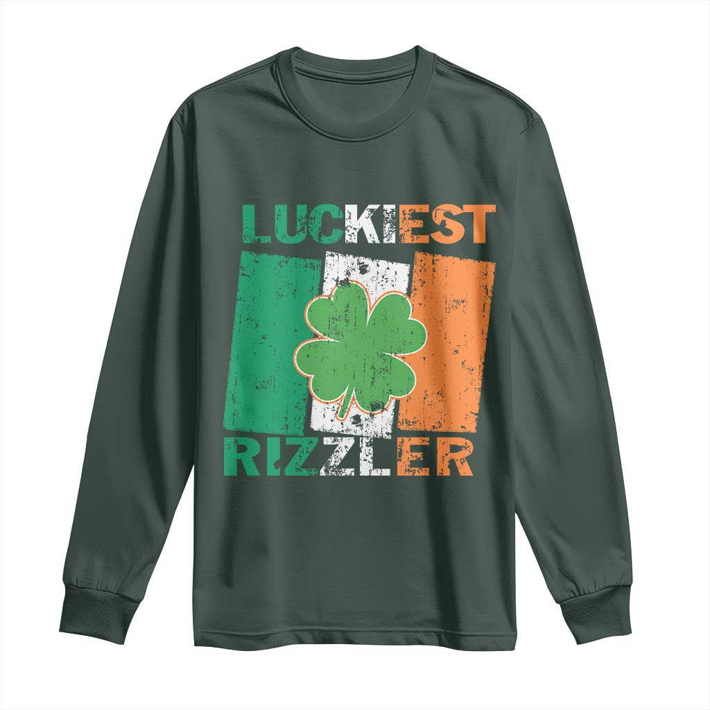Funny St Patrick's Day Luckiest Rizzler Long Sleeve Shirt Vintage Ireland Flag Shamrock TS11 Dark Forest Green Print Your Wear