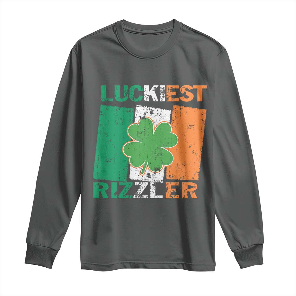 Funny St Patrick's Day Luckiest Rizzler Long Sleeve Shirt Vintage Ireland Flag Shamrock TS11 Dark Heather Print Your Wear