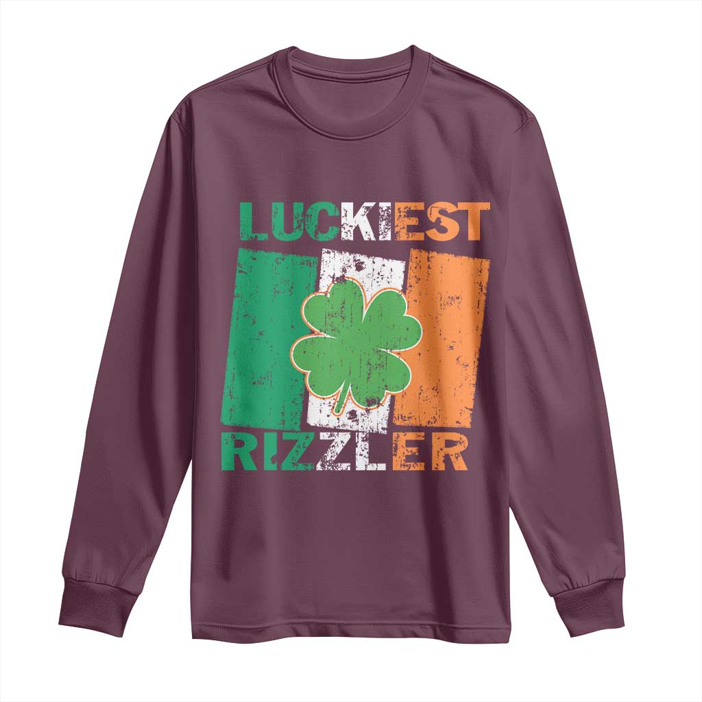 Funny St Patrick's Day Luckiest Rizzler Long Sleeve Shirt Vintage Ireland Flag Shamrock TS11 Maroon Print Your Wear