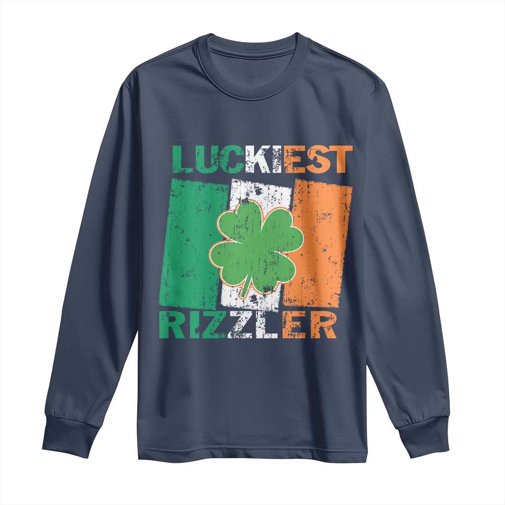 Funny St Patrick's Day Luckiest Rizzler Long Sleeve Shirt Vintage Ireland Flag Shamrock TS11 Navy Print Your Wear
