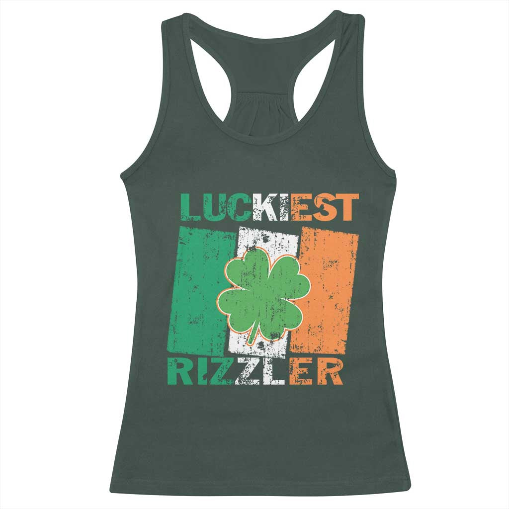 Funny St Patrick's Day Luckiest Rizzler Racerback Tank Top Vintage Ireland Flag Shamrock TS11 Dark Forest Green Print Your Wear
