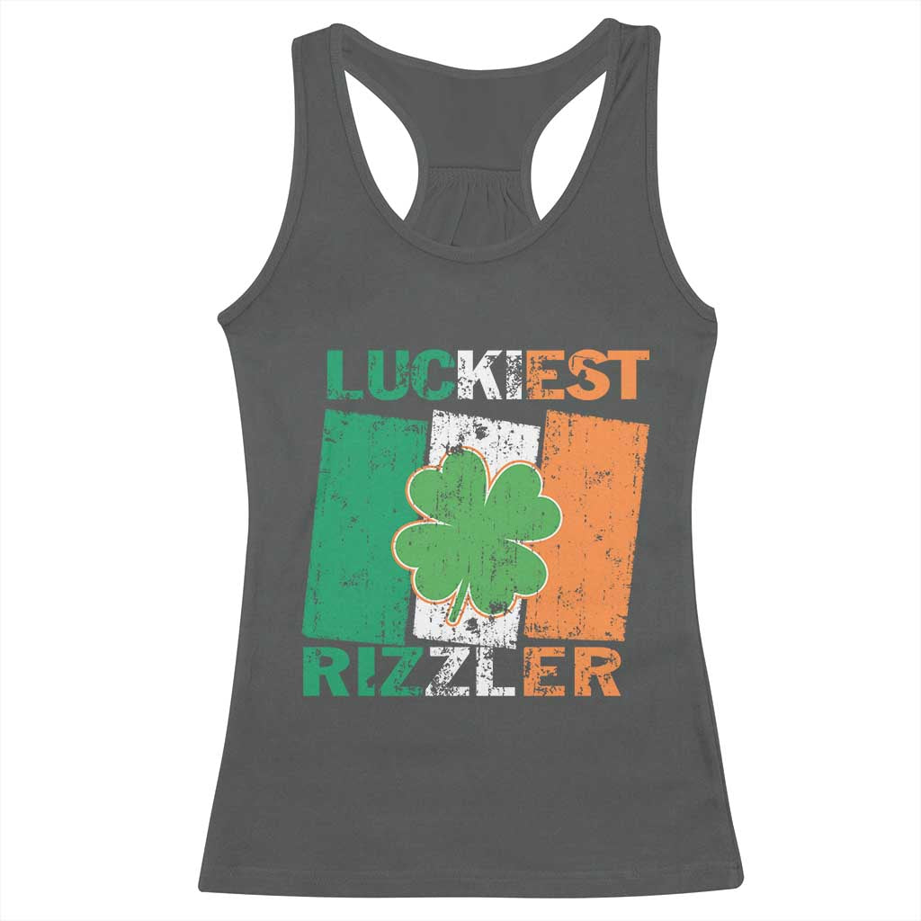 Funny St Patrick's Day Luckiest Rizzler Racerback Tank Top Vintage Ireland Flag Shamrock TS11 Dark Heather Print Your Wear