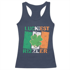 Funny St Patrick's Day Luckiest Rizzler Racerback Tank Top Vintage Ireland Flag Shamrock TS11 Navy Print Your Wear
