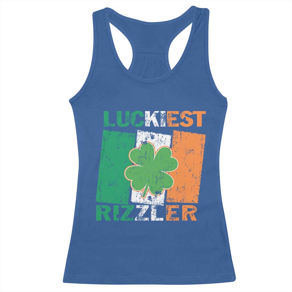 Funny St Patrick's Day Luckiest Rizzler Racerback Tank Top Vintage Ireland Flag Shamrock TS11 Royal Blue Print Your Wear