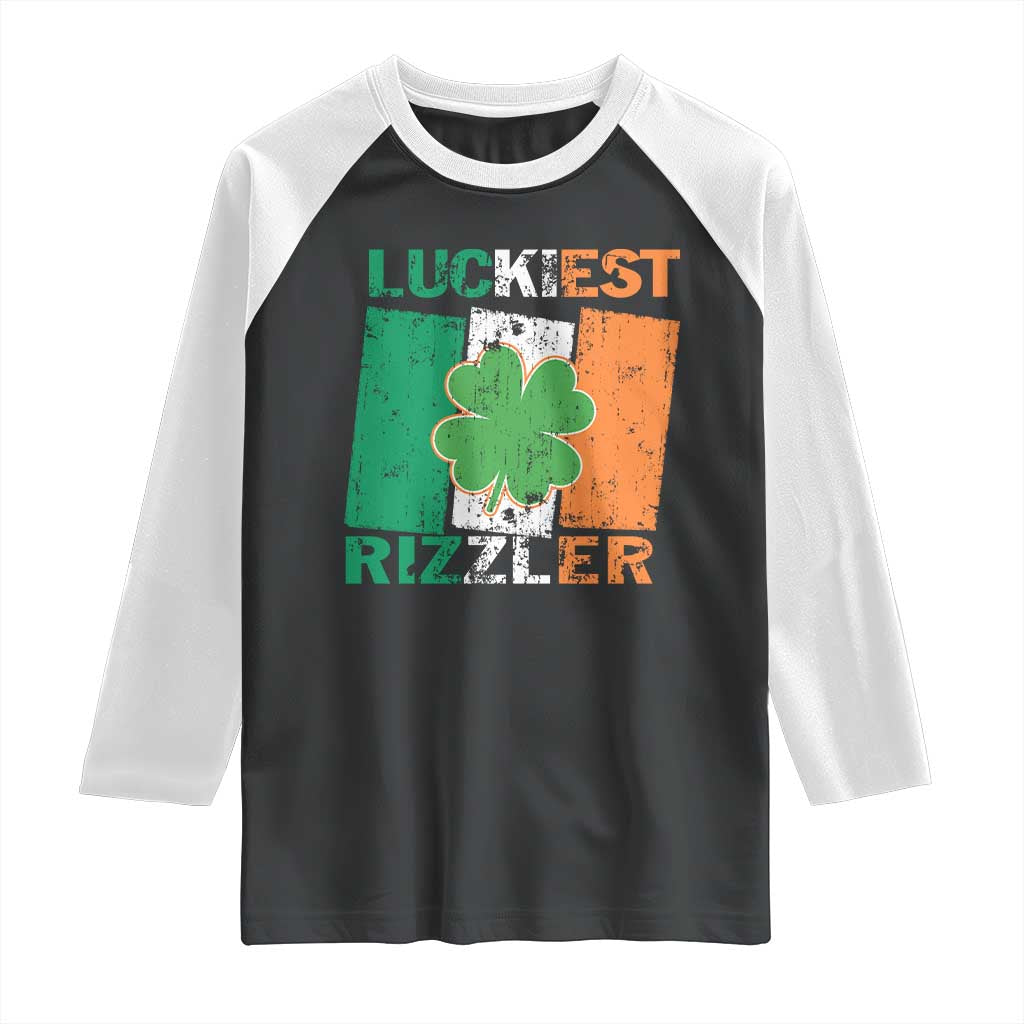 Funny St Patrick's Day Luckiest Rizzler Raglan Shirt Vintage Ireland Flag Shamrock TS11 Black White Print Your Wear