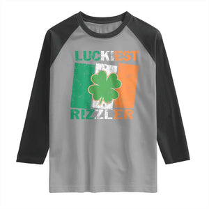 Funny St Patrick's Day Luckiest Rizzler Raglan Shirt Vintage Ireland Flag Shamrock TS11 Sport Gray Black Print Your Wear
