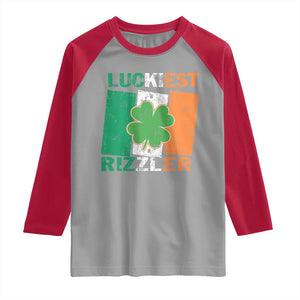Funny St Patrick's Day Luckiest Rizzler Raglan Shirt Vintage Ireland Flag Shamrock TS11 Sport Gray Red Print Your Wear