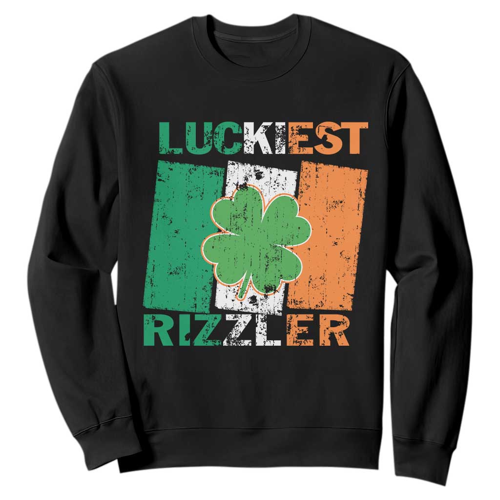 Funny St Patrick's Day Luckiest Rizzler Sweatshirt Vintage Ireland Flag Shamrock TS11 Black Print Your Wear