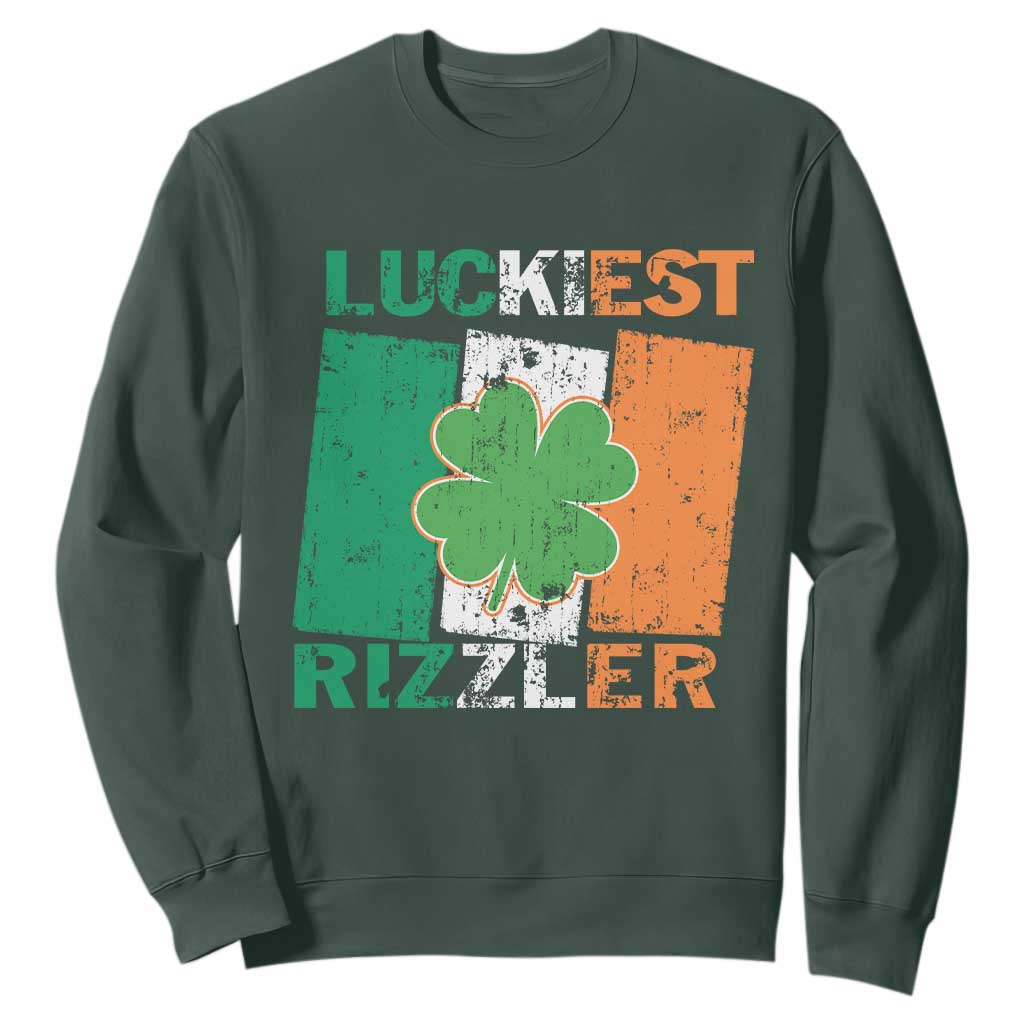 Funny St Patrick's Day Luckiest Rizzler Sweatshirt Vintage Ireland Flag Shamrock TS11 Dark Forest Green Print Your Wear