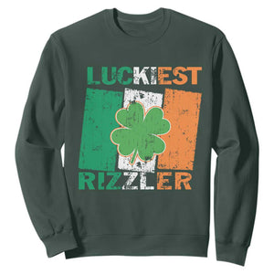 Funny St Patrick's Day Luckiest Rizzler Sweatshirt Vintage Ireland Flag Shamrock TS11 Dark Forest Green Print Your Wear