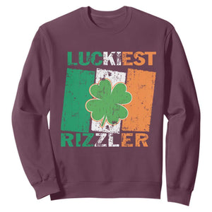 Funny St Patrick's Day Luckiest Rizzler Sweatshirt Vintage Ireland Flag Shamrock TS11 Maroon Print Your Wear