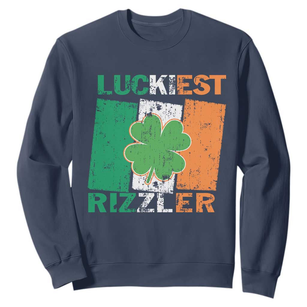 Funny St Patrick's Day Luckiest Rizzler Sweatshirt Vintage Ireland Flag Shamrock TS11 Navy Print Your Wear