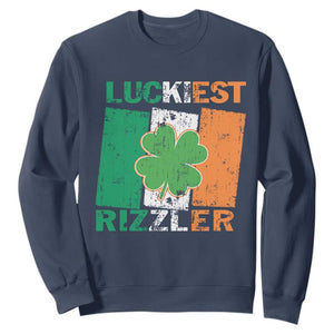 Funny St Patrick's Day Luckiest Rizzler Sweatshirt Vintage Ireland Flag Shamrock TS11 Navy Print Your Wear
