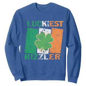 Funny St Patrick's Day Luckiest Rizzler Sweatshirt Vintage Ireland Flag Shamrock TS11 Royal Blue Print Your Wear