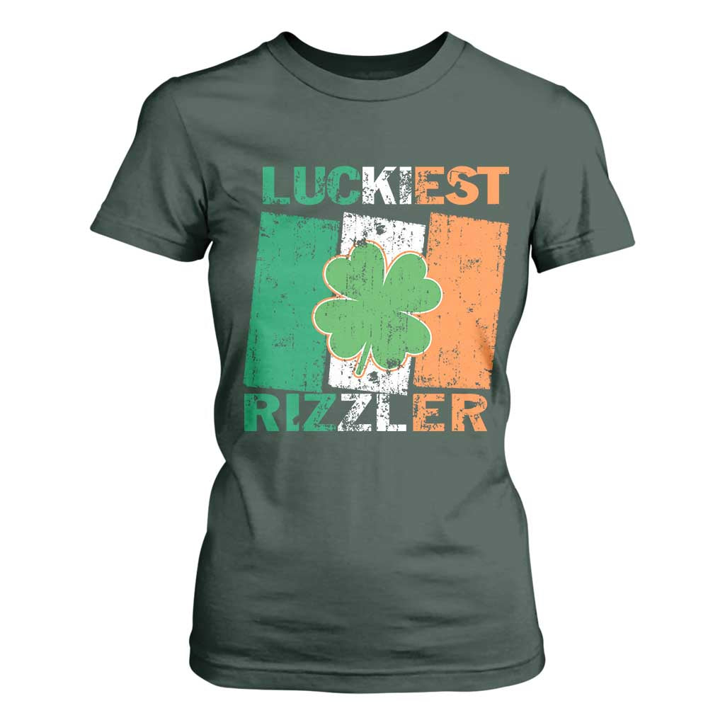Funny St Patrick's Day Luckiest Rizzler T Shirt For Women Vintage Ireland Flag Shamrock TS11 Dark Forest Green Print Your Wear