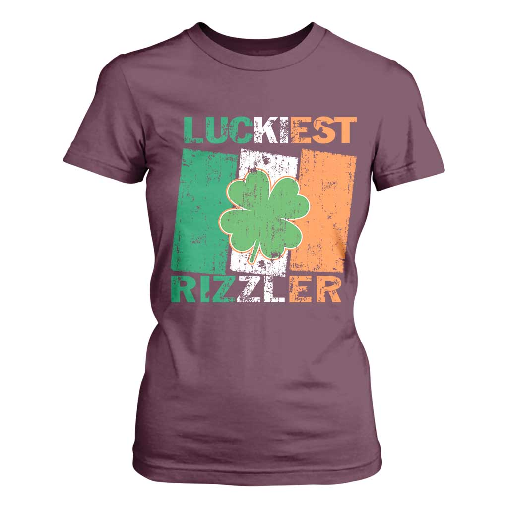 Funny St Patrick's Day Luckiest Rizzler T Shirt For Women Vintage Ireland Flag Shamrock TS11 Maroon Print Your Wear