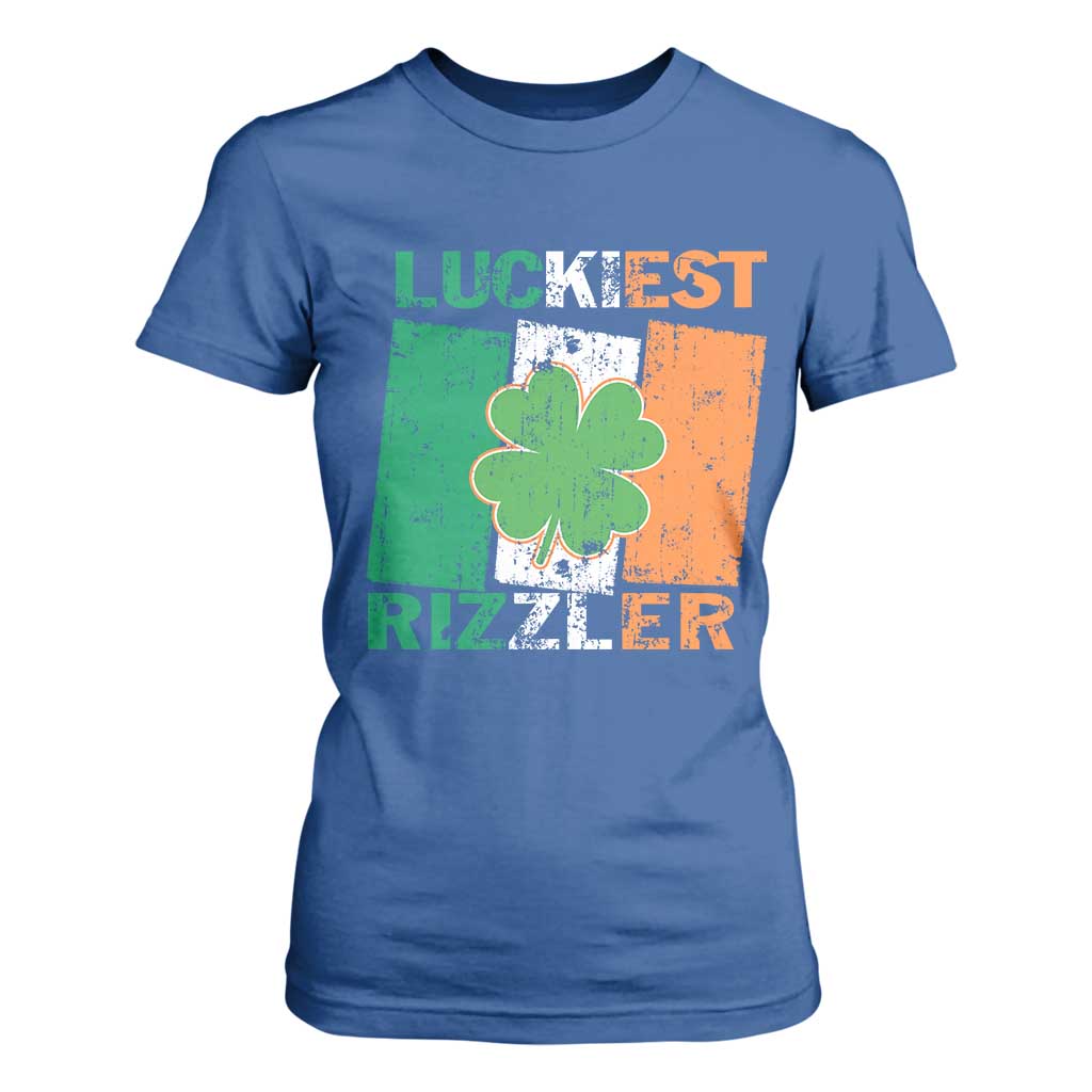 Funny St Patrick's Day Luckiest Rizzler T Shirt For Women Vintage Ireland Flag Shamrock TS11 Royal Blue Print Your Wear