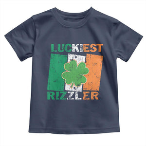 Funny St Patrick's Day Luckiest Rizzler Toddler T Shirt Vintage Ireland Flag Shamrock TS11 Navy Print Your Wear