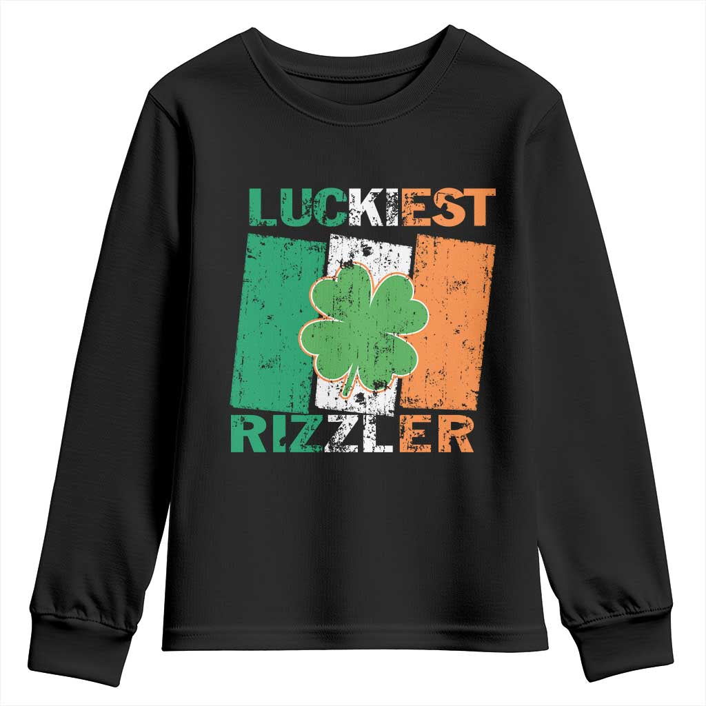 Funny St Patrick's Day Luckiest Rizzler Youth Sweatshirt Vintage Ireland Flag Shamrock TS11 Black Print Your Wear