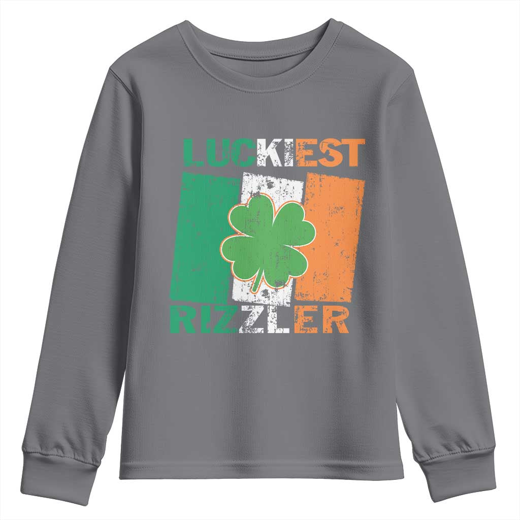 Funny St Patrick's Day Luckiest Rizzler Youth Sweatshirt Vintage Ireland Flag Shamrock TS11 Charcoal Print Your Wear