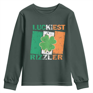 Funny St Patrick's Day Luckiest Rizzler Youth Sweatshirt Vintage Ireland Flag Shamrock TS11 Dark Forest Green Print Your Wear