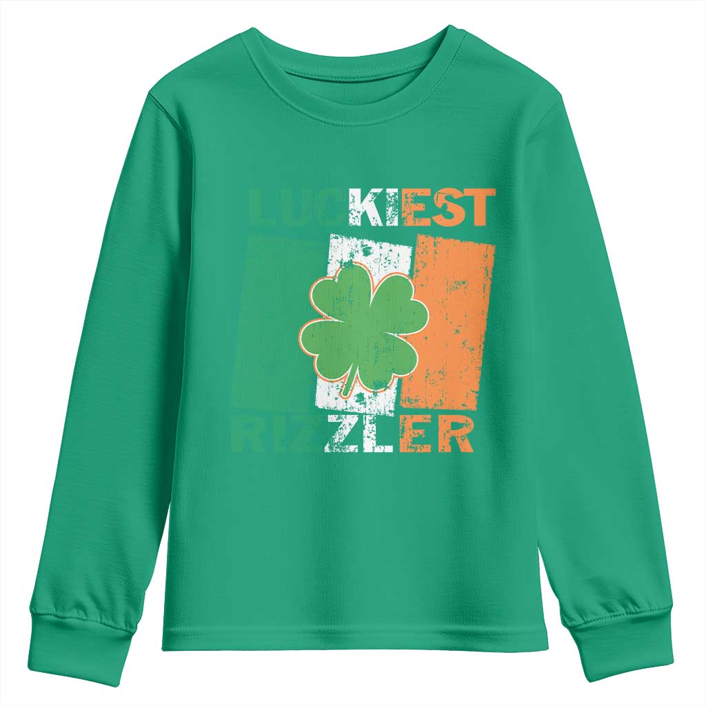 Funny St Patrick's Day Luckiest Rizzler Youth Sweatshirt Vintage Ireland Flag Shamrock TS11 Irish Green Print Your Wear