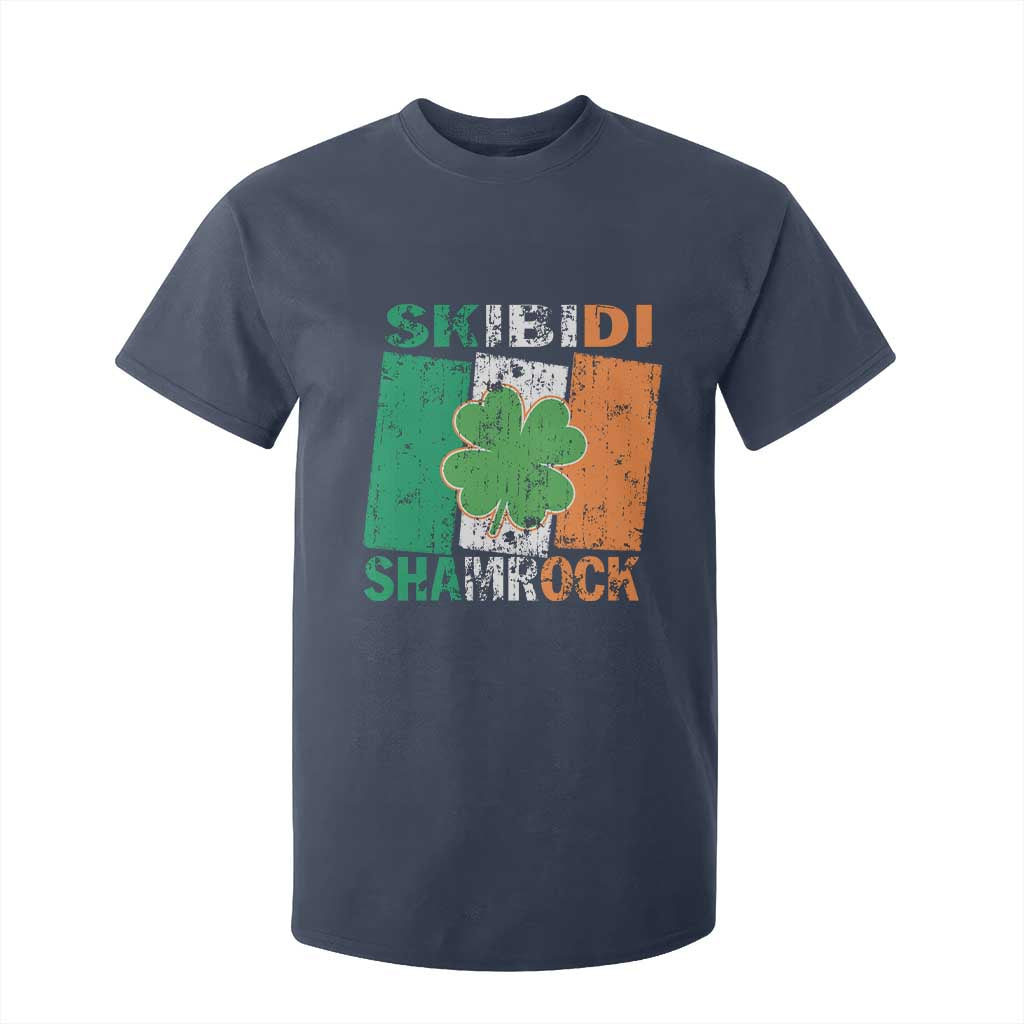 Funny St Patrick's Day Skibidi Shamrock T Shirt For Kid Vintage Ireland Flag Shamrock TS11 Navy Print Your Wear