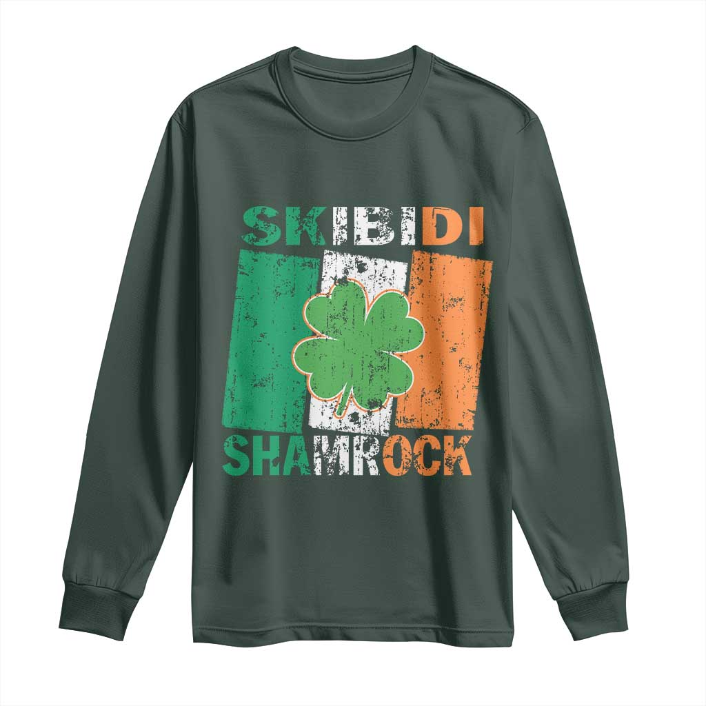 Funny St Patrick's Day Skibidi Shamrock Long Sleeve Shirt Vintage Ireland Flag Shamrock TS11 Dark Forest Green Print Your Wear