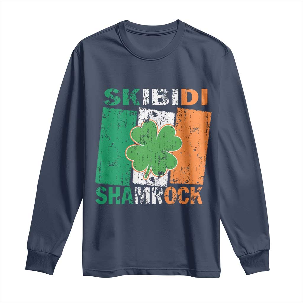 Funny St Patrick's Day Skibidi Shamrock Long Sleeve Shirt Vintage Ireland Flag Shamrock TS11 Navy Print Your Wear