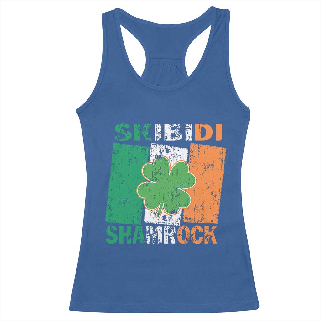 Funny St Patrick's Day Skibidi Shamrock Racerback Tank Top Vintage Ireland Flag Shamrock TS11 Royal Blue Print Your Wear