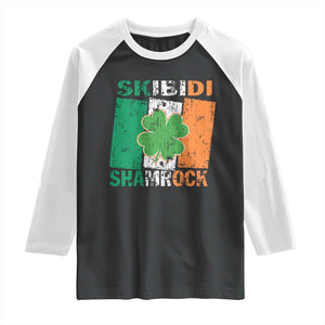 Funny St Patrick's Day Skibidi Shamrock Raglan Shirt Vintage Ireland Flag Shamrock TS11 Black White Print Your Wear