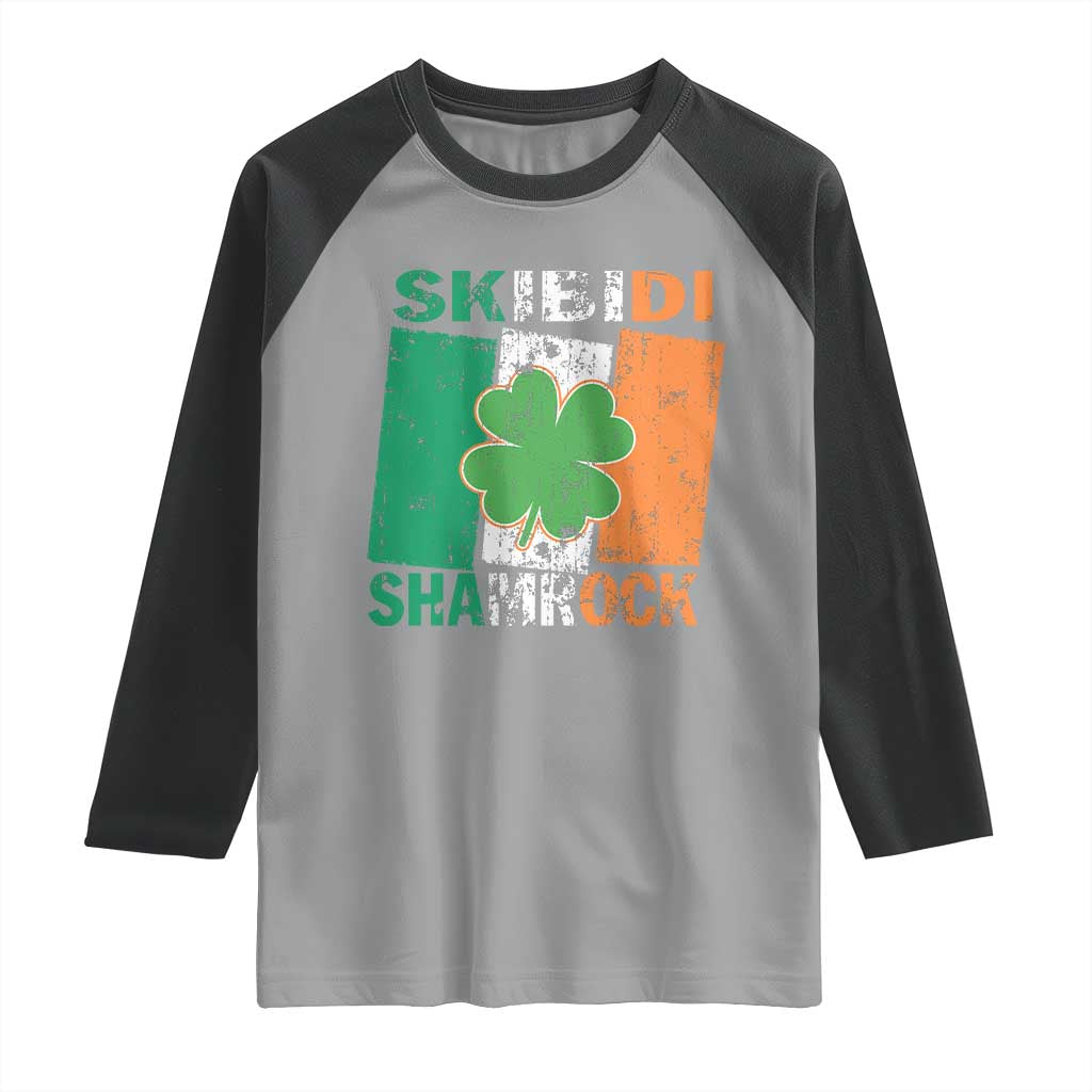 Funny St Patrick's Day Skibidi Shamrock Raglan Shirt Vintage Ireland Flag Shamrock TS11 Sport Gray Black Print Your Wear