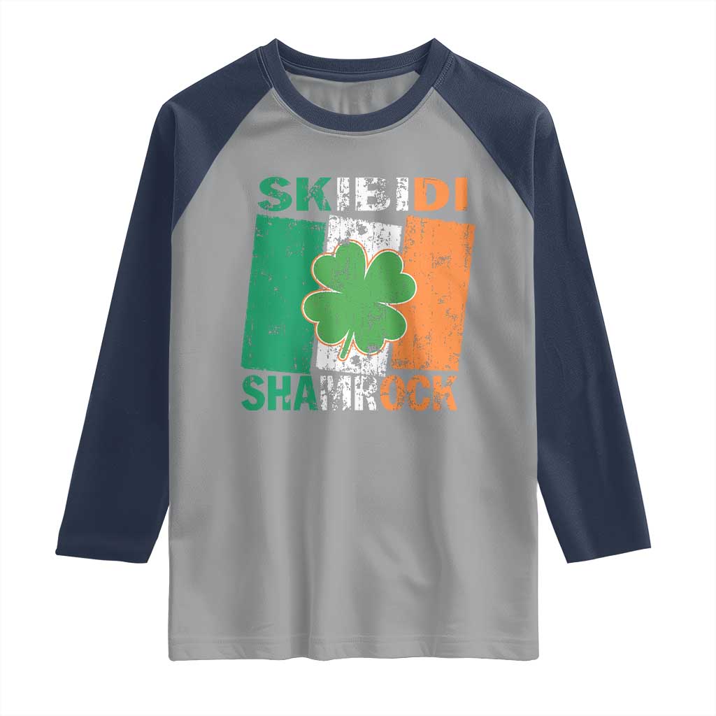 Funny St Patrick's Day Skibidi Shamrock Raglan Shirt Vintage Ireland Flag Shamrock TS11 Sport Gray Navy Print Your Wear