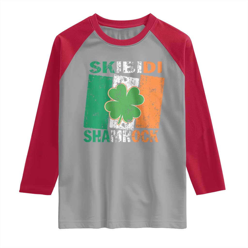Funny St Patrick's Day Skibidi Shamrock Raglan Shirt Vintage Ireland Flag Shamrock TS11 Sport Gray Red Print Your Wear