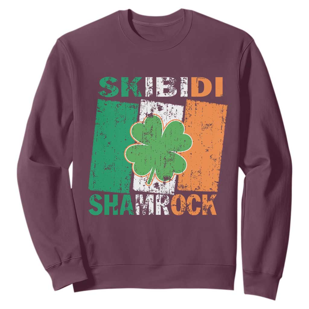 Funny St Patrick's Day Skibidi Shamrock Sweatshirt Vintage Ireland Flag Shamrock TS11 Maroon Print Your Wear