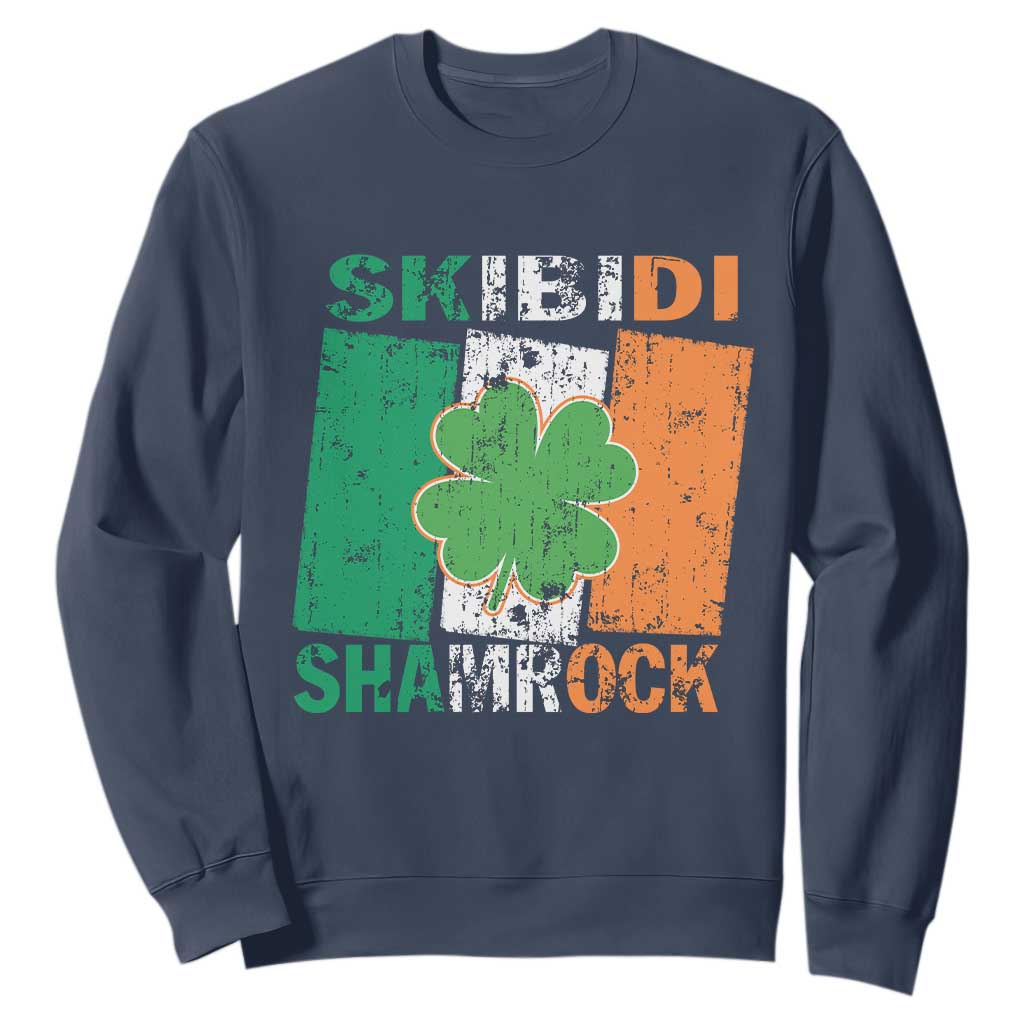 Funny St Patrick's Day Skibidi Shamrock Sweatshirt Vintage Ireland Flag Shamrock TS11 Navy Print Your Wear