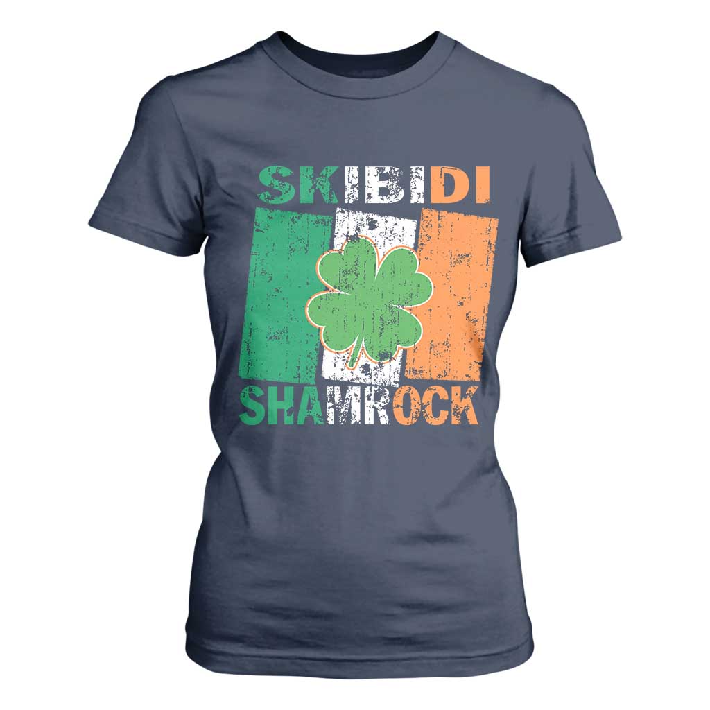 Funny St Patrick's Day Skibidi Shamrock T Shirt For Women Vintage Ireland Flag Shamrock TS11 Navy Print Your Wear