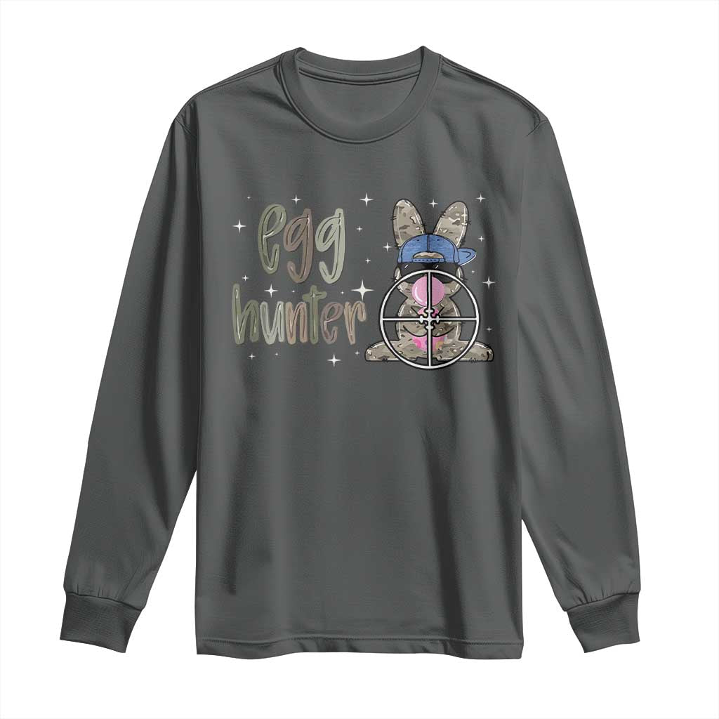Funny Egg Hunter Long Sleeve Shirt Bunny Hunting Backward Cap Camouflage TS11 Dark Heather Print Your Wear