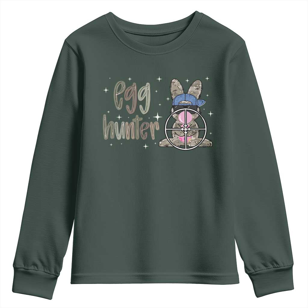 Funny Egg Hunter Youth Sweatshirt Bunny Hunting Backward Cap Camouflage TS11 Dark Forest Green Print Your Wear