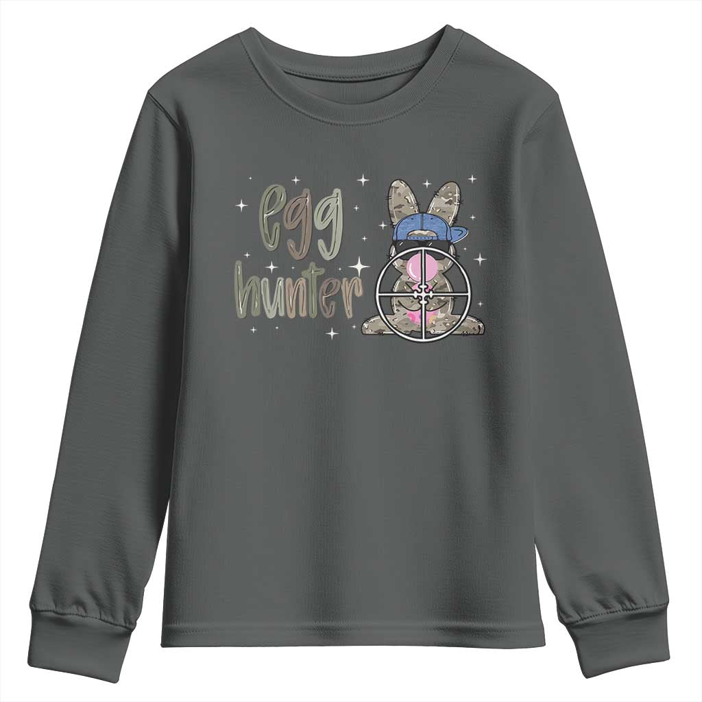 Funny Egg Hunter Youth Sweatshirt Bunny Hunting Backward Cap Camouflage TS11 Dark Heather Print Your Wear