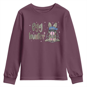 Funny Egg Hunter Youth Sweatshirt Bunny Hunting Backward Cap Camouflage TS11 Maroon Print Your Wear