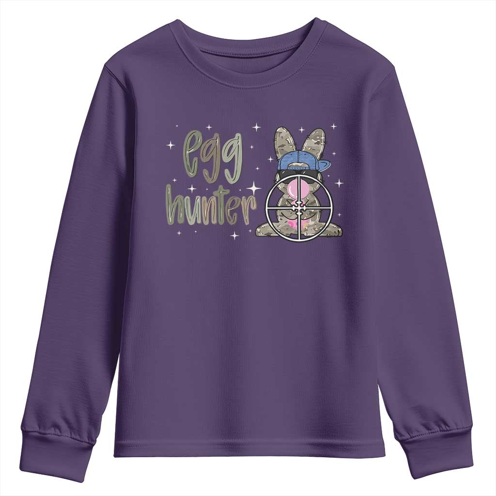 Funny Egg Hunter Youth Sweatshirt Bunny Hunting Backward Cap Camouflage TS11 Purple Print Your Wear