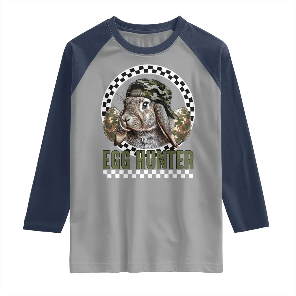 Funny Easter Day Egg Hunter Raglan Shirt Bunny Hunting Camo Egg TS11 Sport Gray Navy Print Your Wear