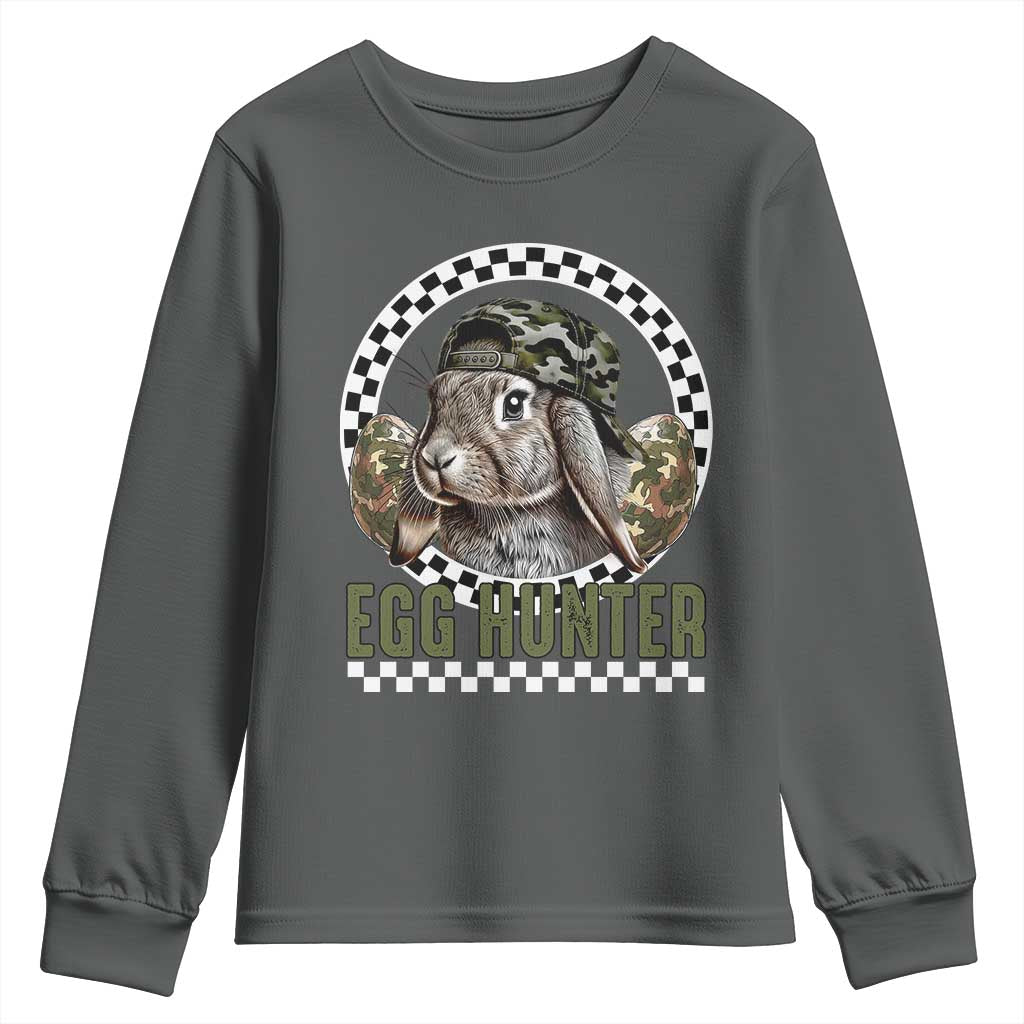 Funny Easter Day Egg Hunter Youth Sweatshirt Bunny Hunting Camo Egg TS11 Dark Heather Print Your Wear