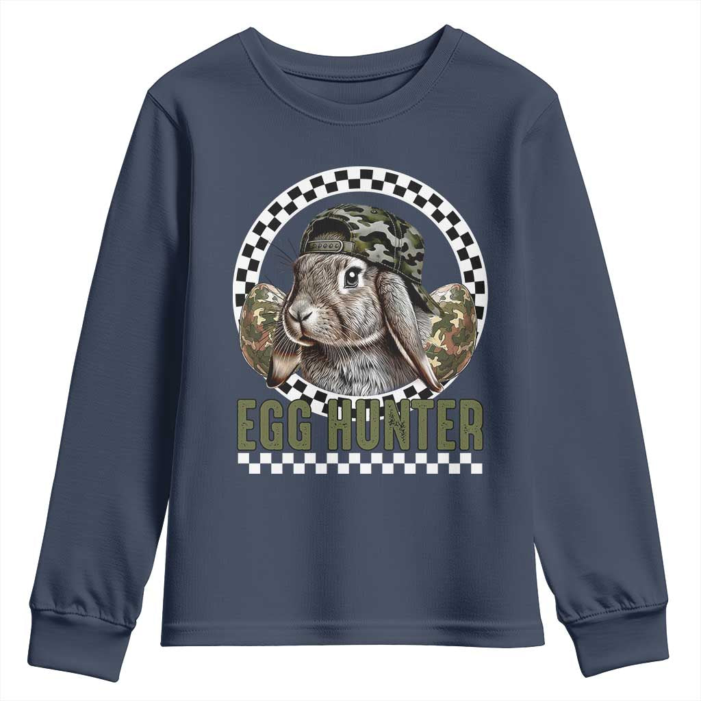Funny Easter Day Egg Hunter Youth Sweatshirt Bunny Hunting Camo Egg TS11 Navy Print Your Wear